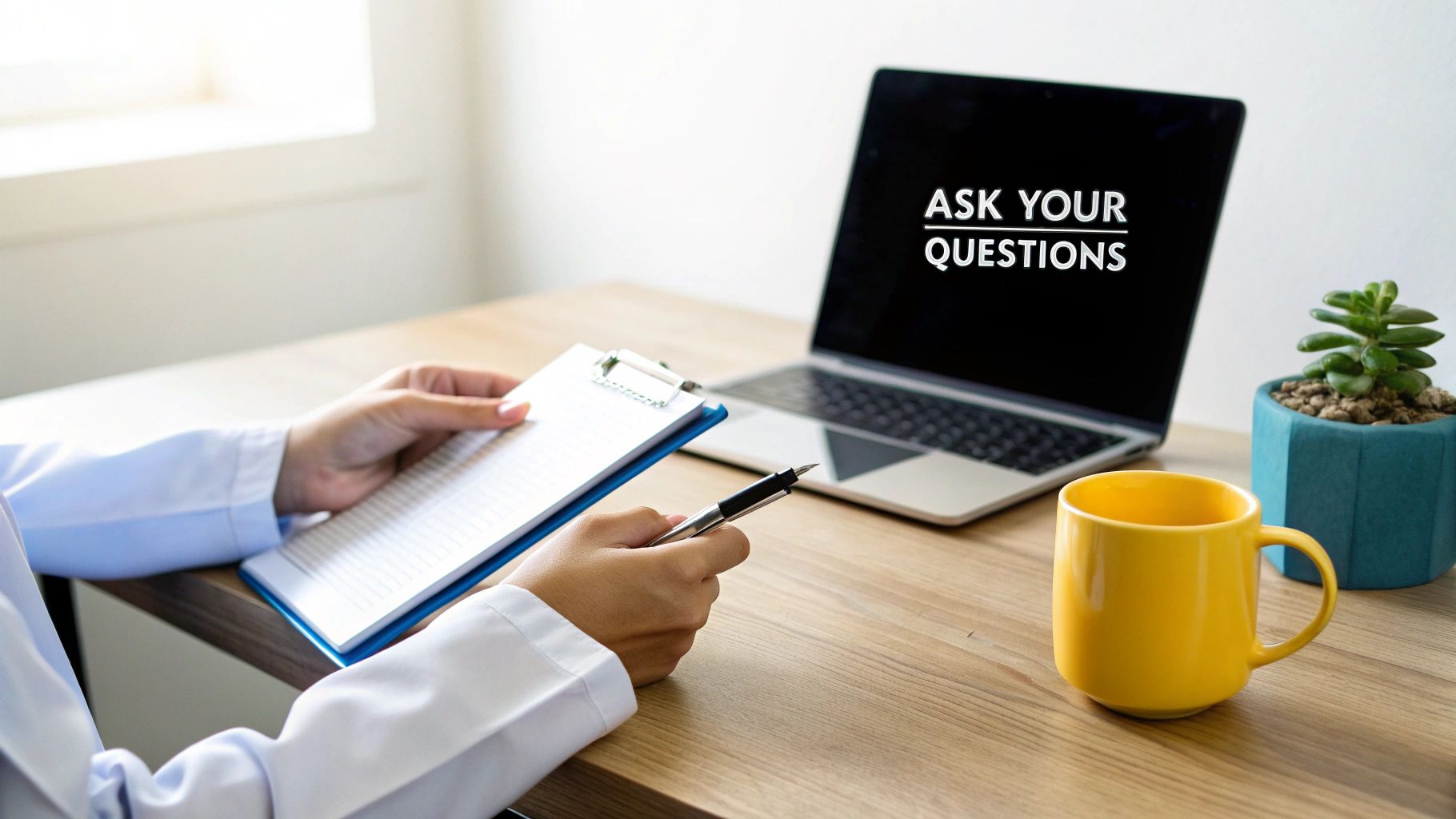 Healthcare professional in a white coat holding a clipboard, with a laptop displaying 'ASK YOUR QUESTIONS'.