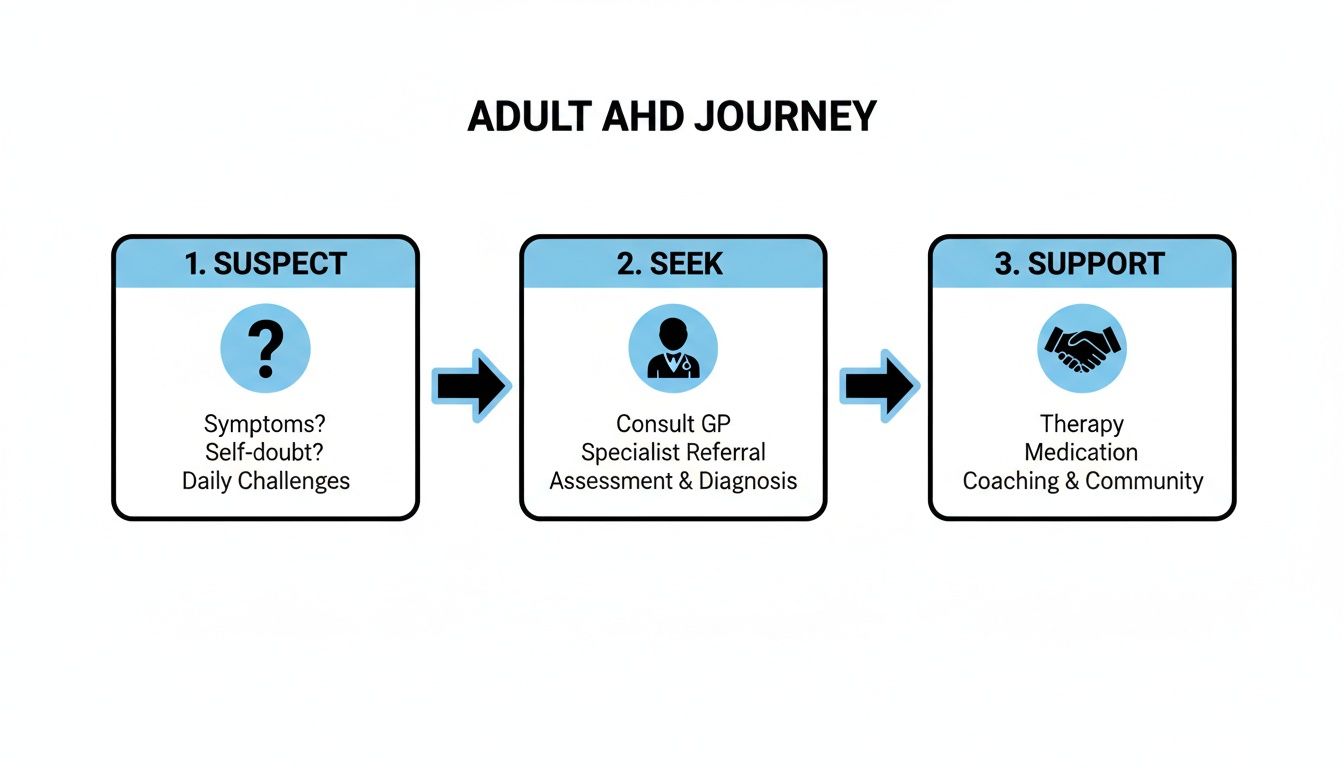 Flowchart illustrating the adult ADHD journey, from suspecting symptoms to seeking diagnosis and receiving support.