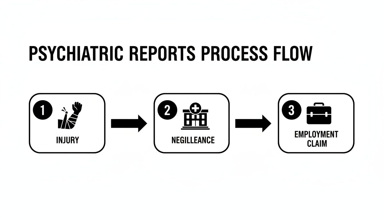 Diagram illustrating the psychiatric reports process flow from injury to employment claim.