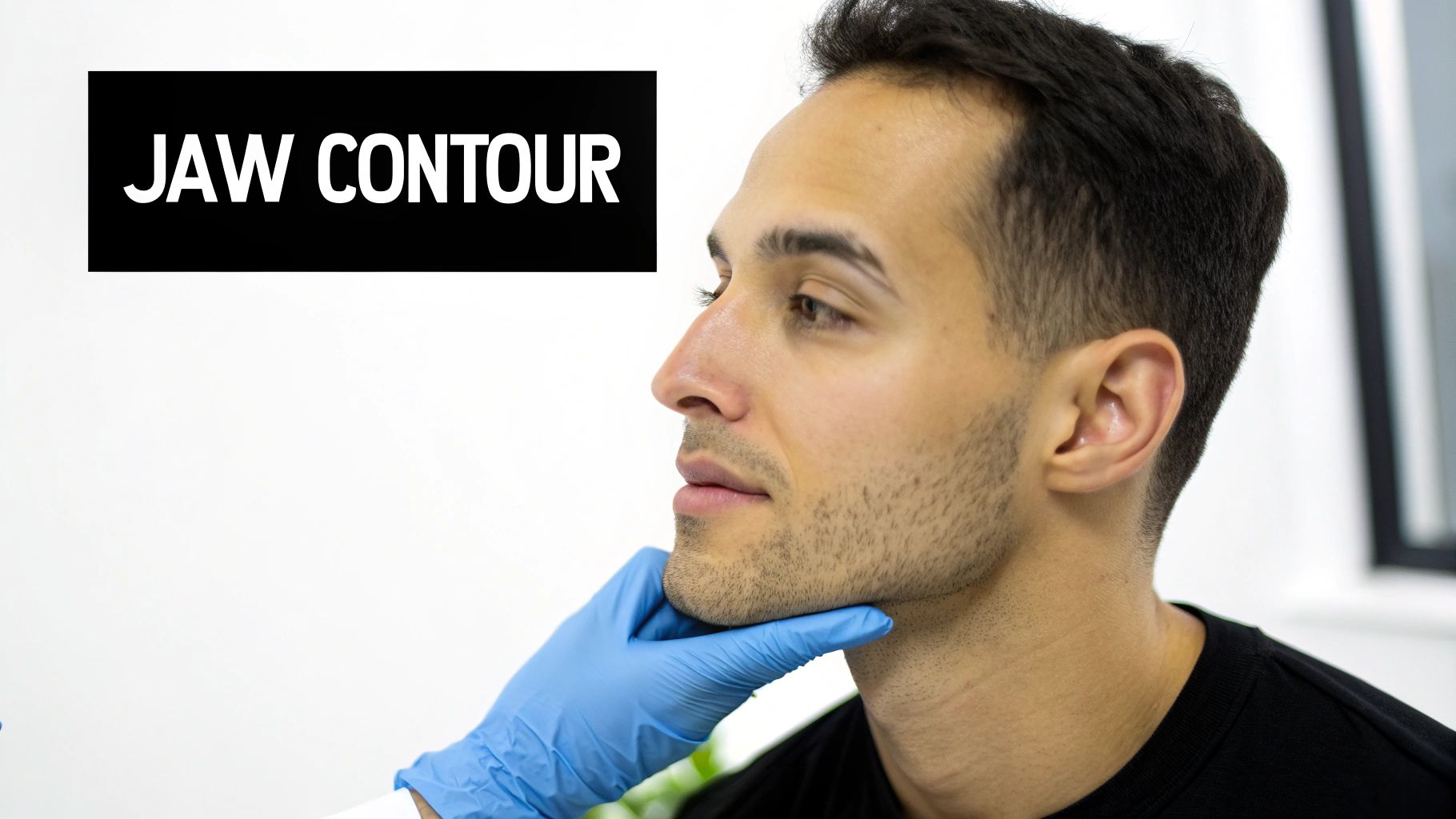 Profile view of a man's jawline being assessed by a doctor's gloved hand for jaw contouring.
