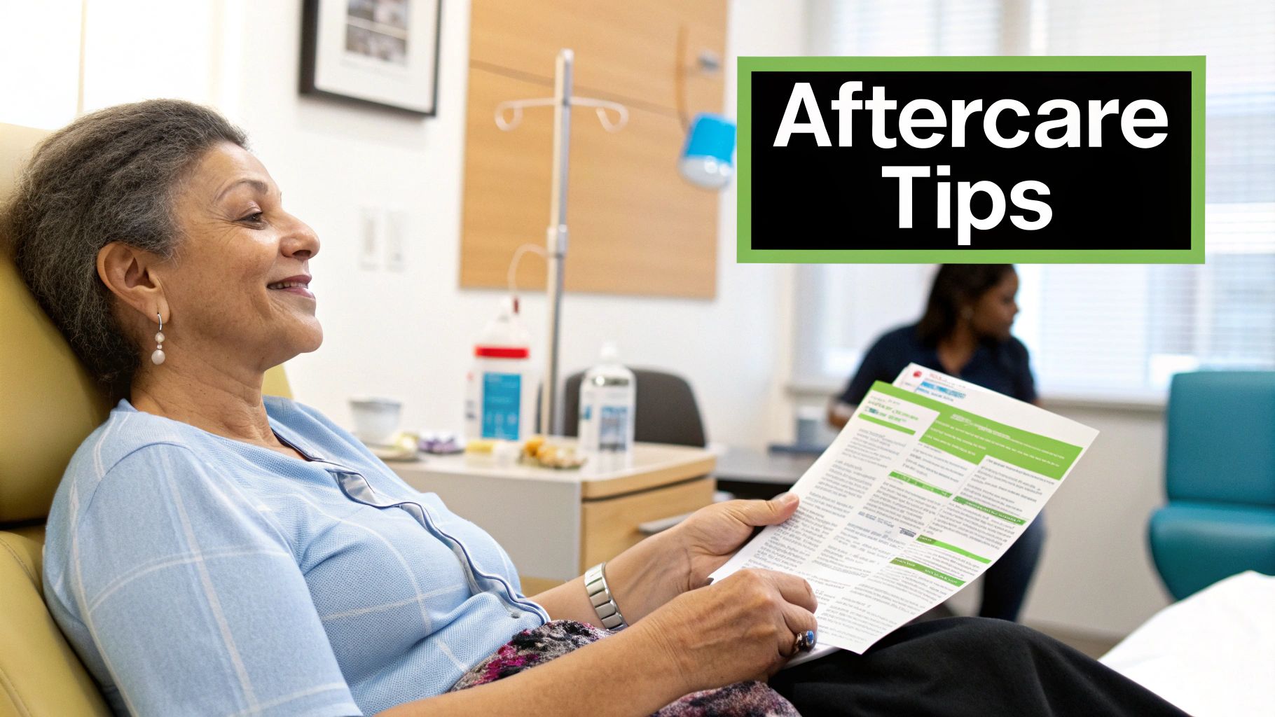 An older woman smiling and holding an aftercare tips pamphlet in a medical setting.