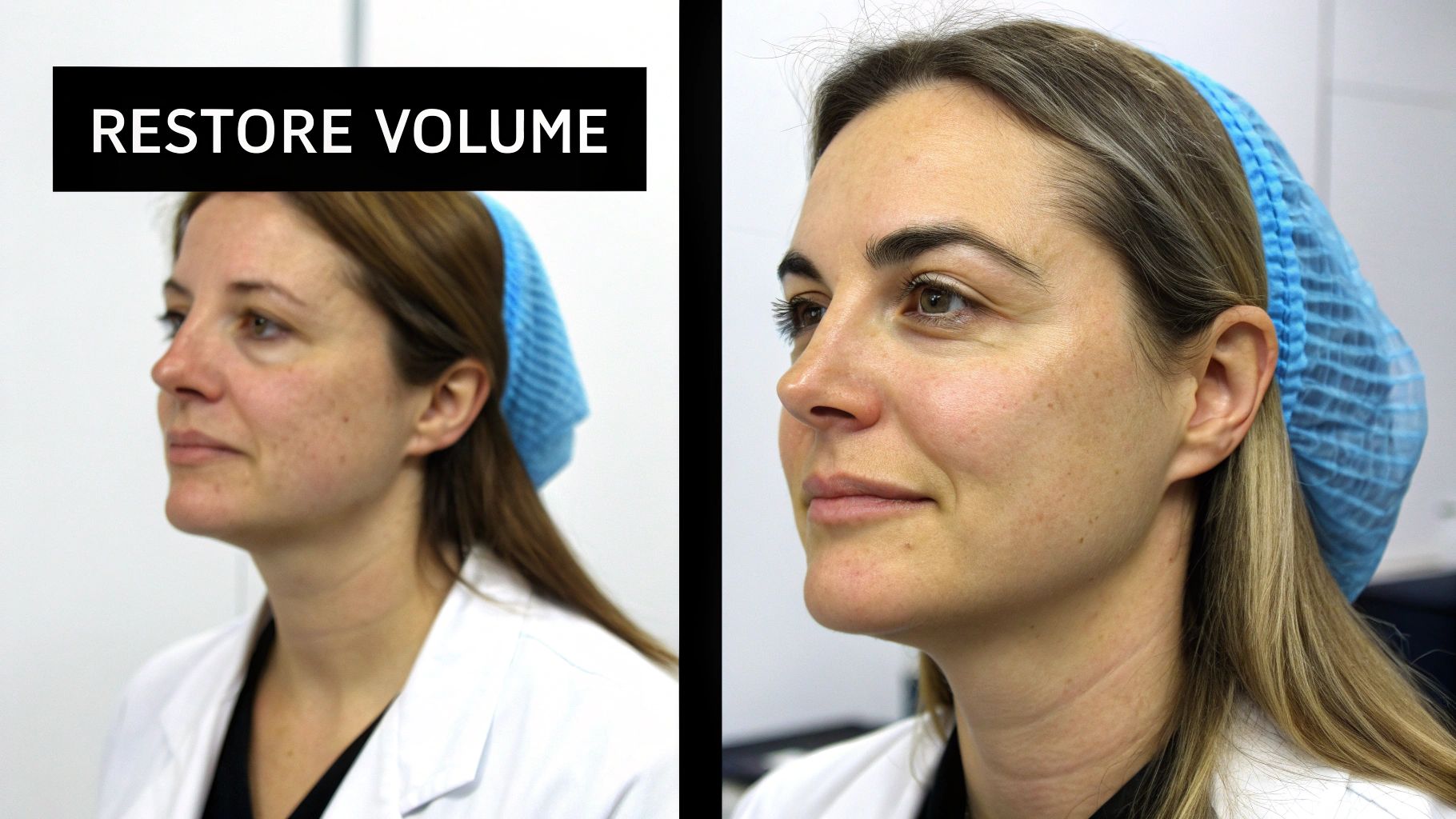 Side profile of a woman before and after facial volume restoration treatment.