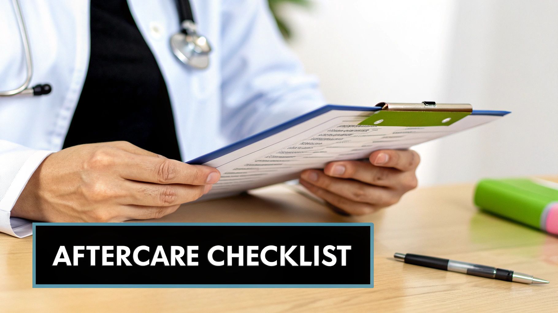 A medical professional in a white coat holds an aftercare checklist on a clipboard.