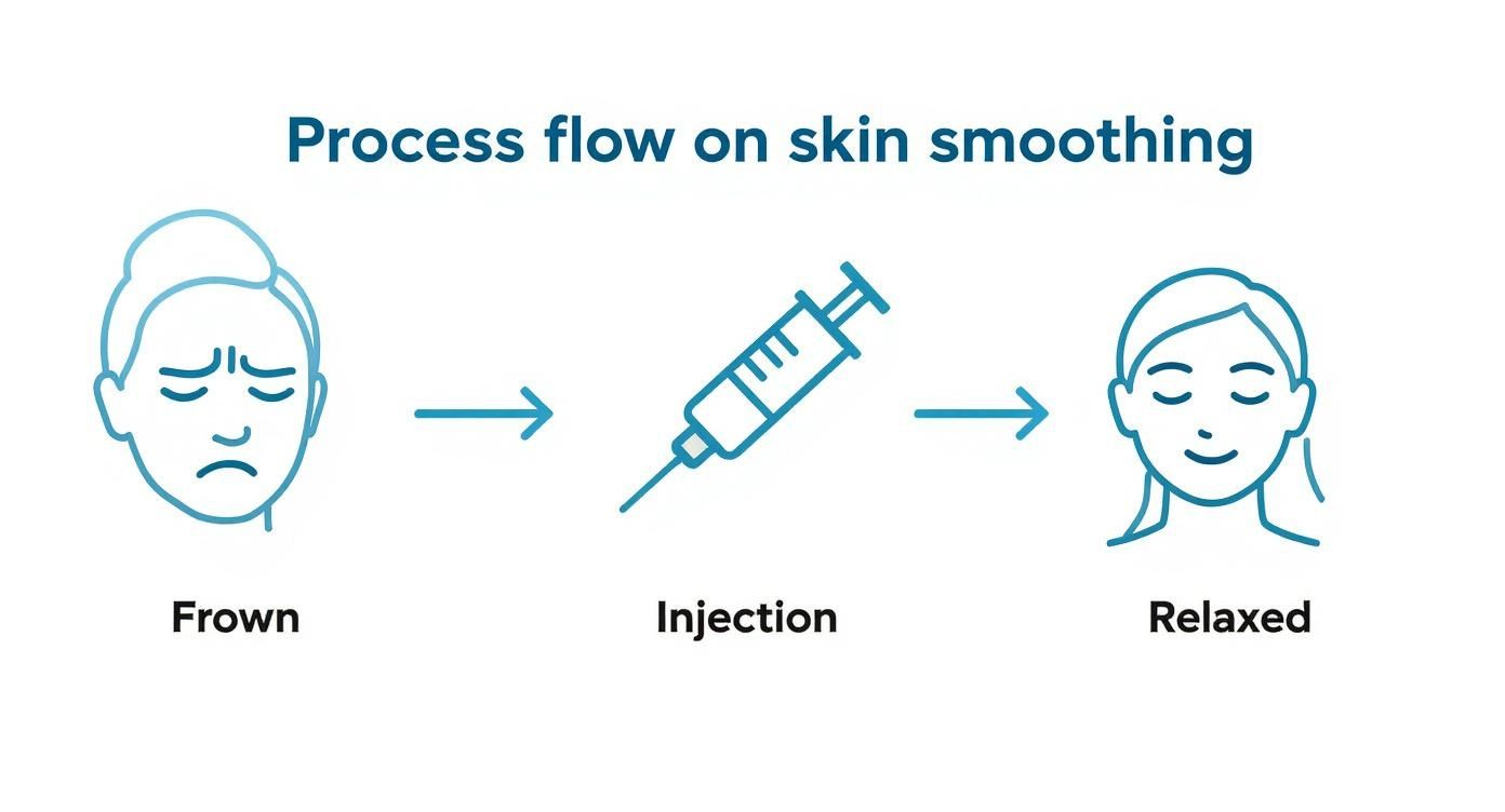 A process flow diagram showing a frowning face transforming into a relaxed one after an injection for skin smoothing.