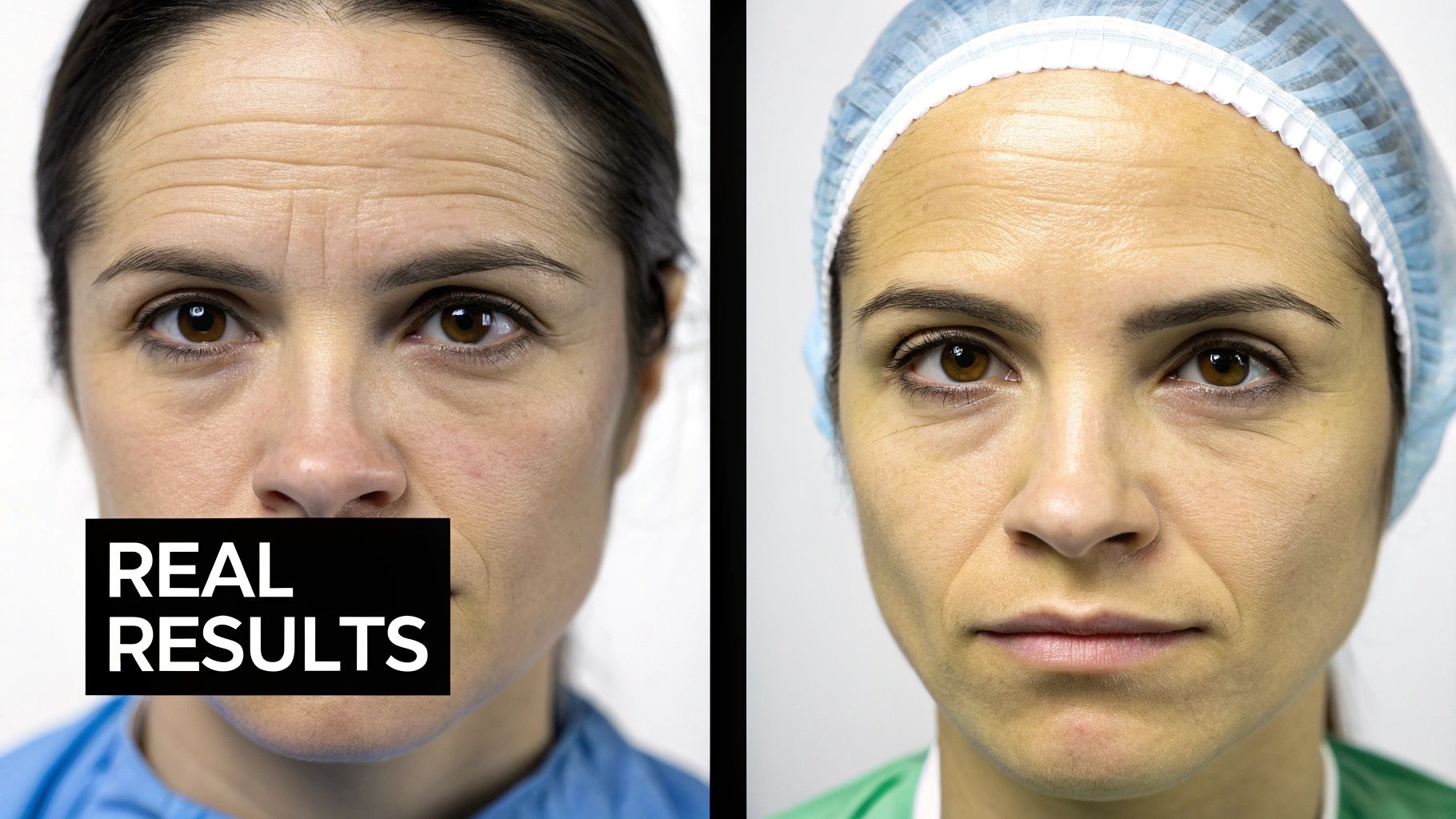 Before and after close-up of a woman's face with forehead wrinkles, highlighting real results.