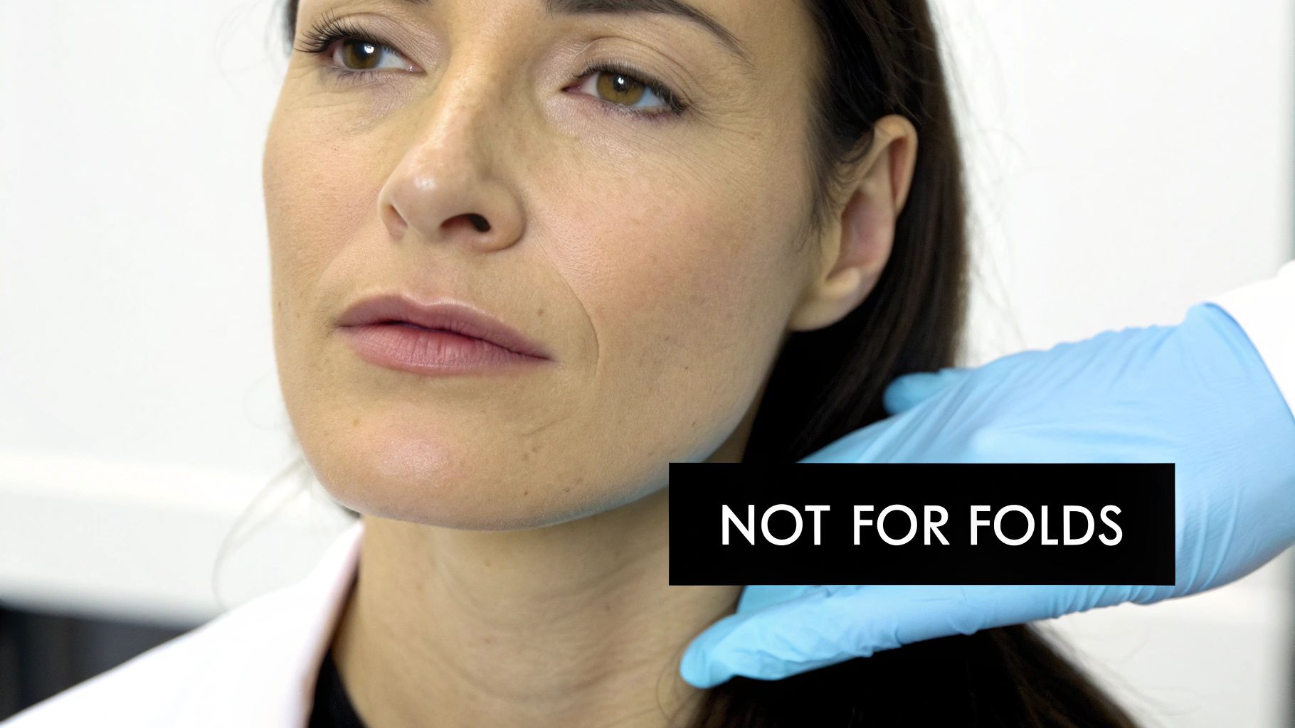 Woman's face with visible nasolabial folds, a gloved hand touches her jawline, and text 'NOT FOR FOLDS'.