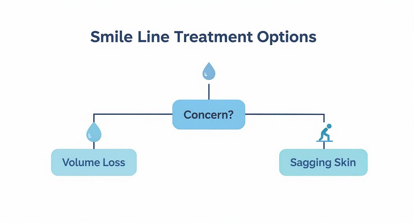 Flowchart illustrating smile line treatment options based on concerns like volume loss and sagging skin.
