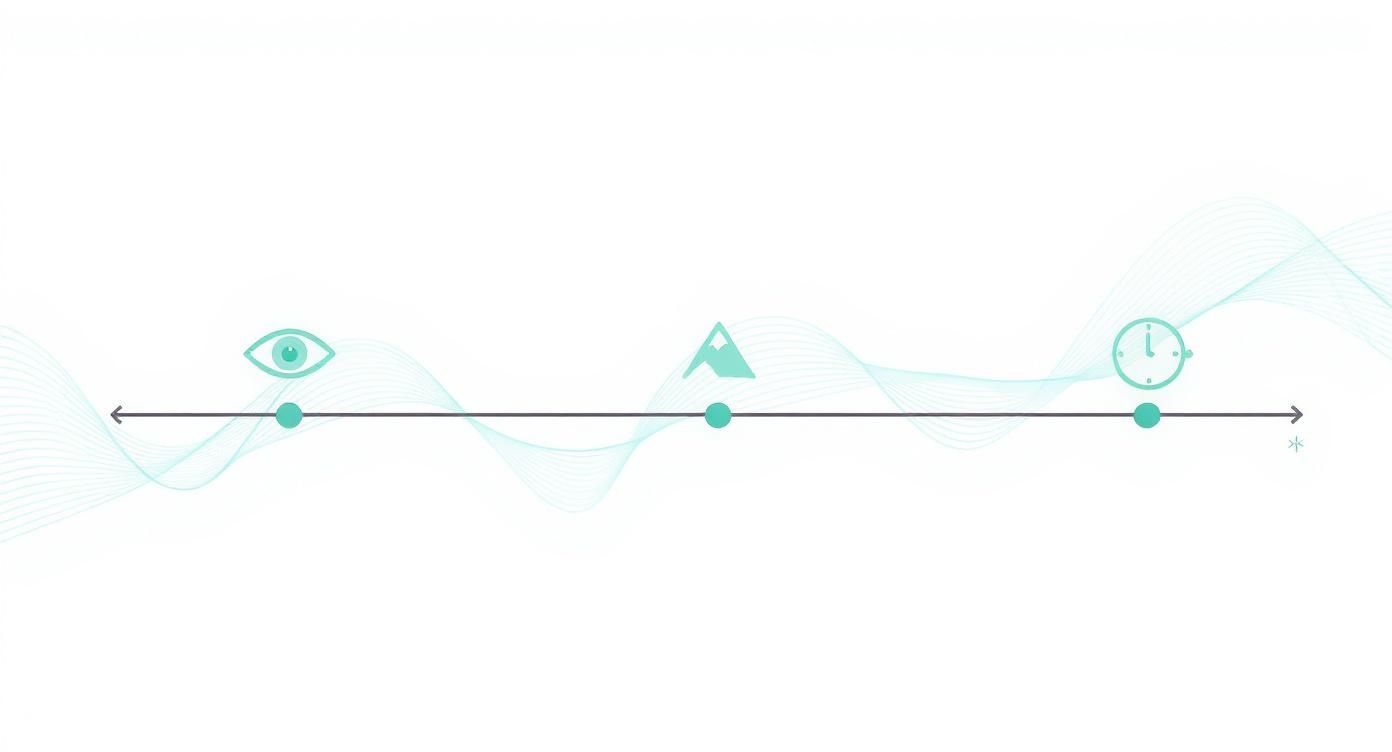 A horizontal timeline diagram showing icons for observation (eye), a peak event (mountain), and time (clock).