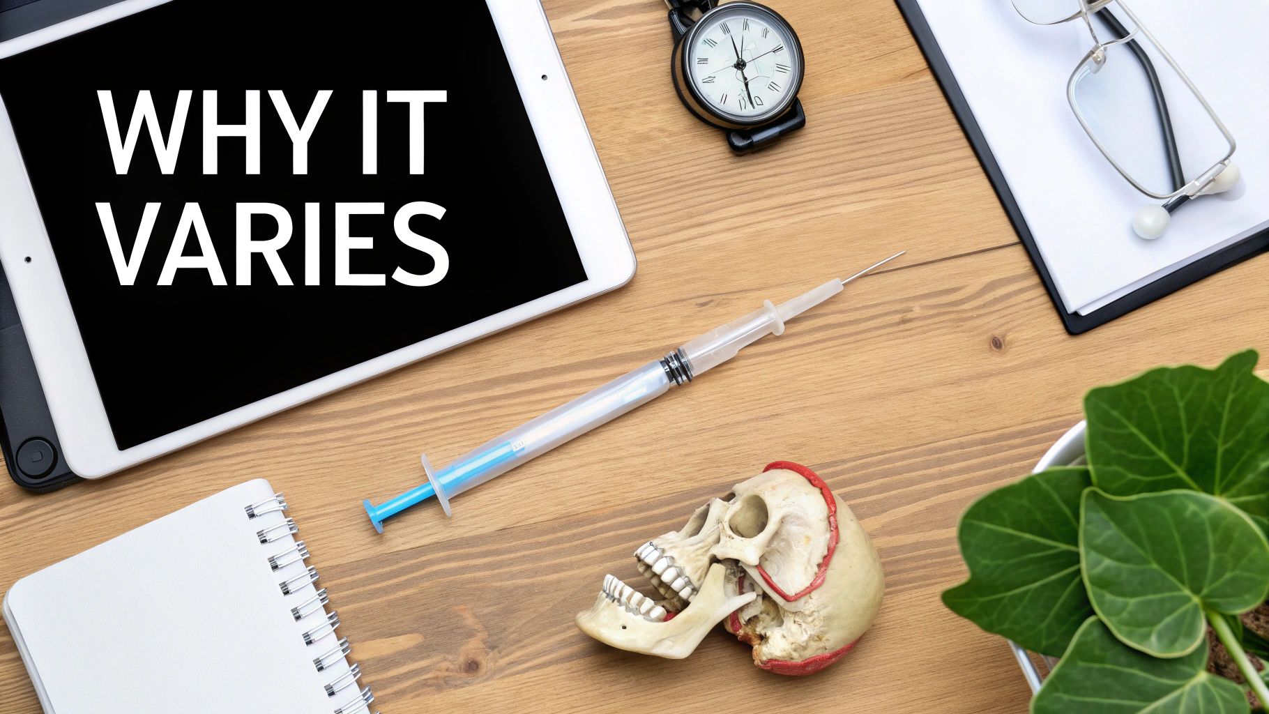 Overhead view of a wooden desk with a tablet displaying 'WHY IT VARIES', a syringe, and a human skull model, suggesting medical analysis.