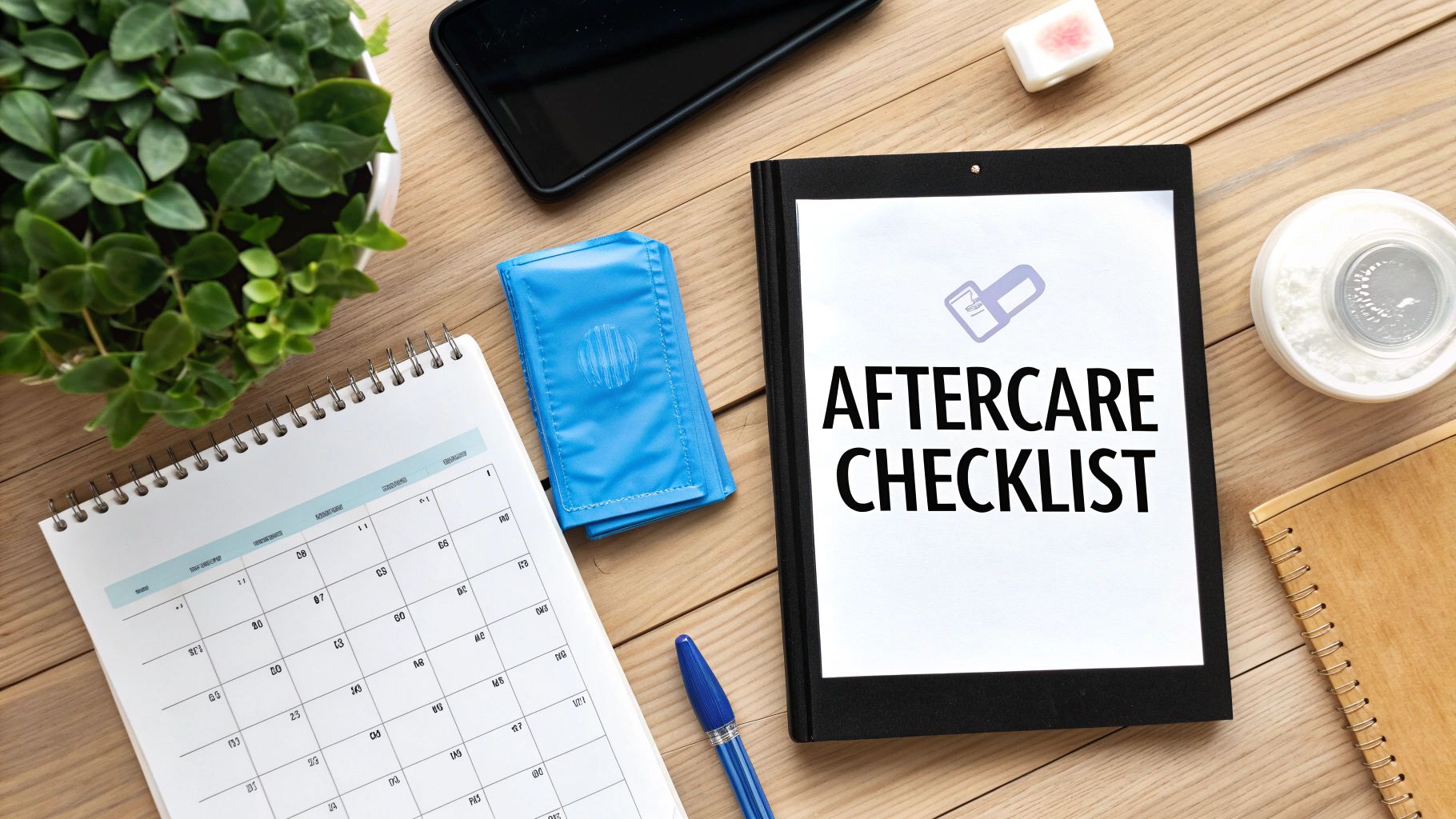 An Aftercare Checklist displayed on a folder, next to a calendar, pen, phone, and potted plant.