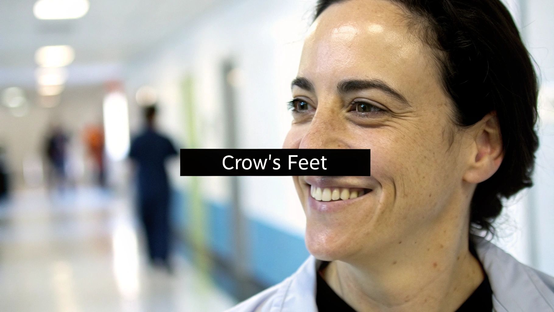 Close-up of a smiling woman in a medical setting, highlighting crow's feet wrinkles around her eyes.