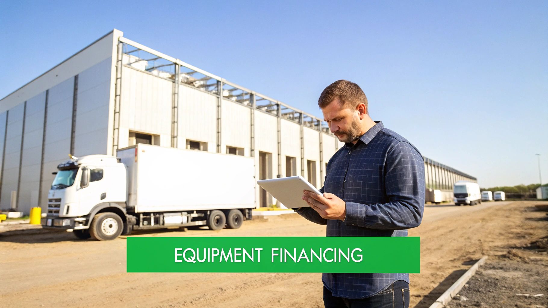 A man looking at a tablet, standing in front of a warehouse and a white truck, with an 'EQUIPMENT FINANCING' banner.