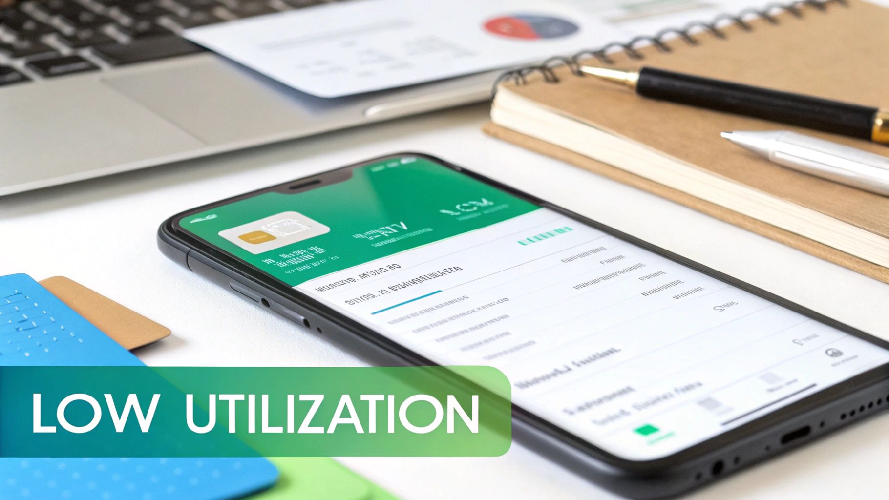 A smartphone displaying a financial app, with a laptop, documents, and pens on a desk, illustrating financial management.