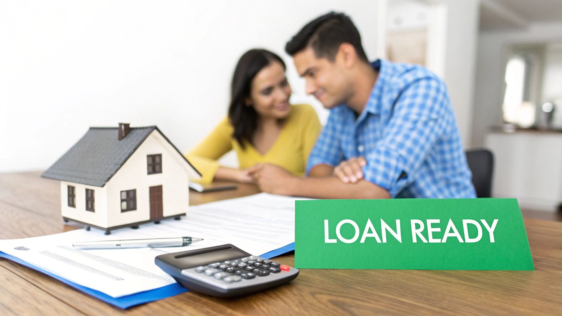 A couple reviews home loan documents with a model house and a 'LOAN READY' sign.