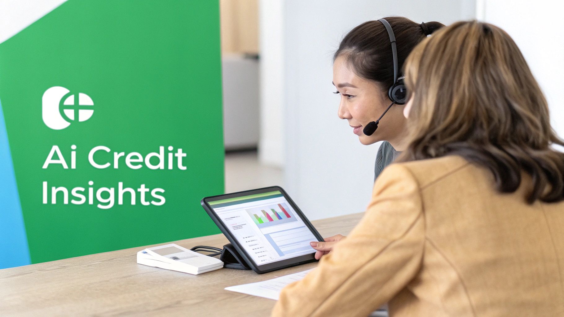 Two women use Ai Credit Insights software on a tablet to analyze credit data and provide customer support.