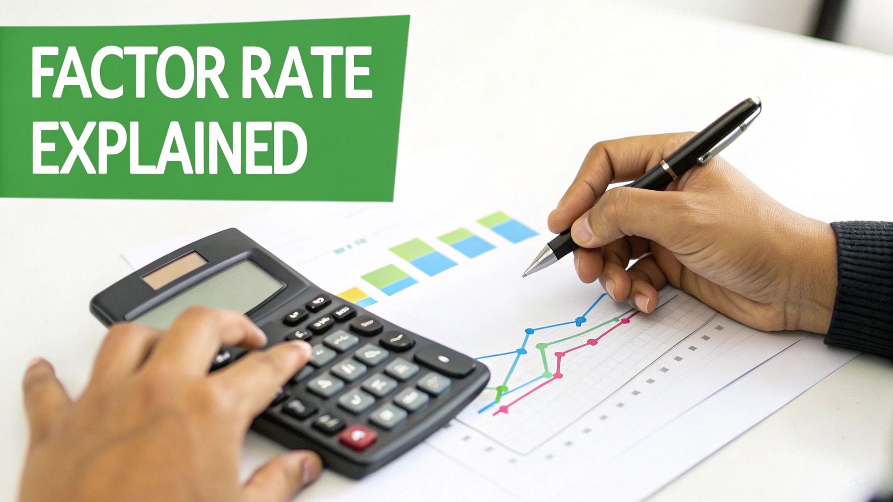 Hands using a calculator and pen over financial graphs, with 'Factor Rate Explained' banner.