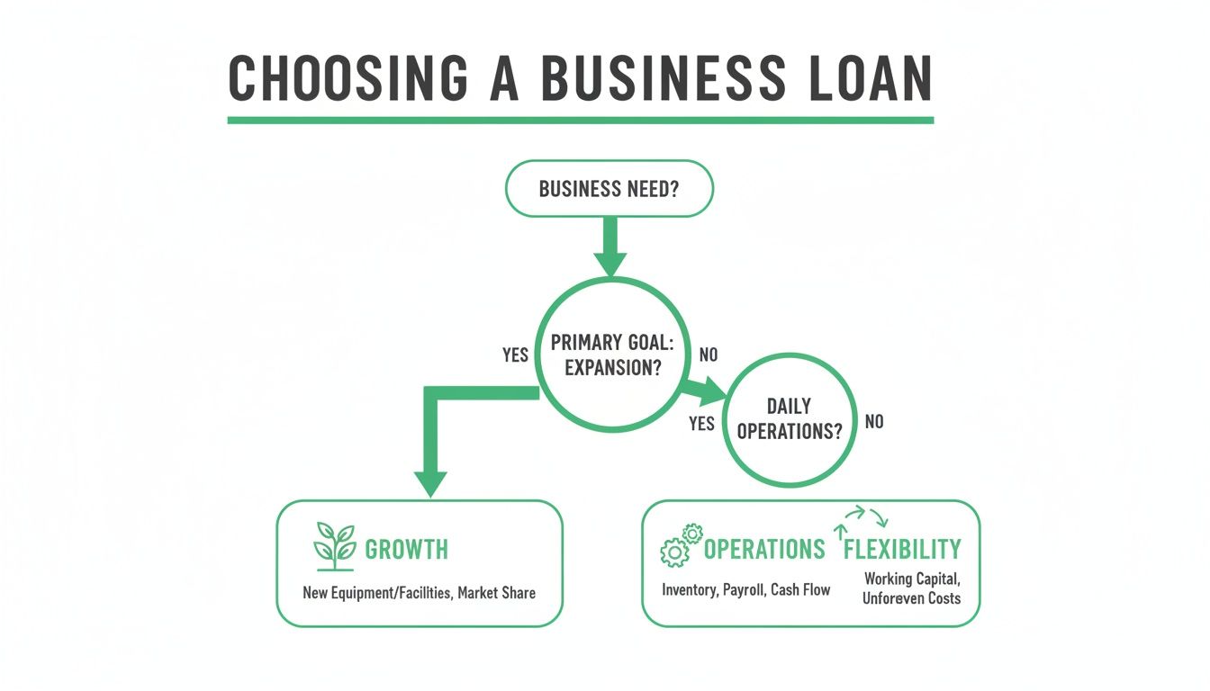 Flowchart explaining how to choose a business loan based on expansion, daily operations, growth, and flexibility needs.