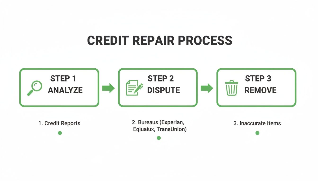 Infographic illustrating the three-step credit repair process: analyze reports, dispute with bureaus, and remove inaccurate items.