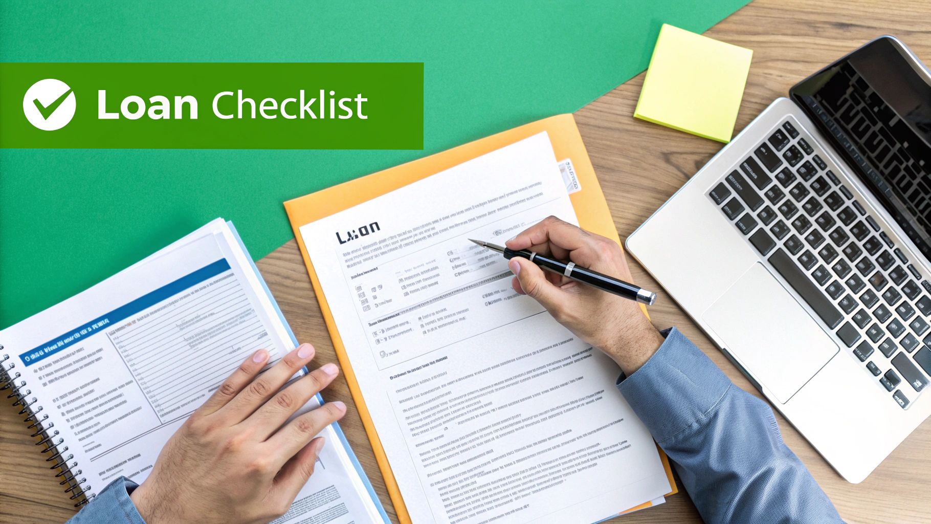 Overhead view of hands filling a loan application form with a pen, laptop, and documents on a desk.