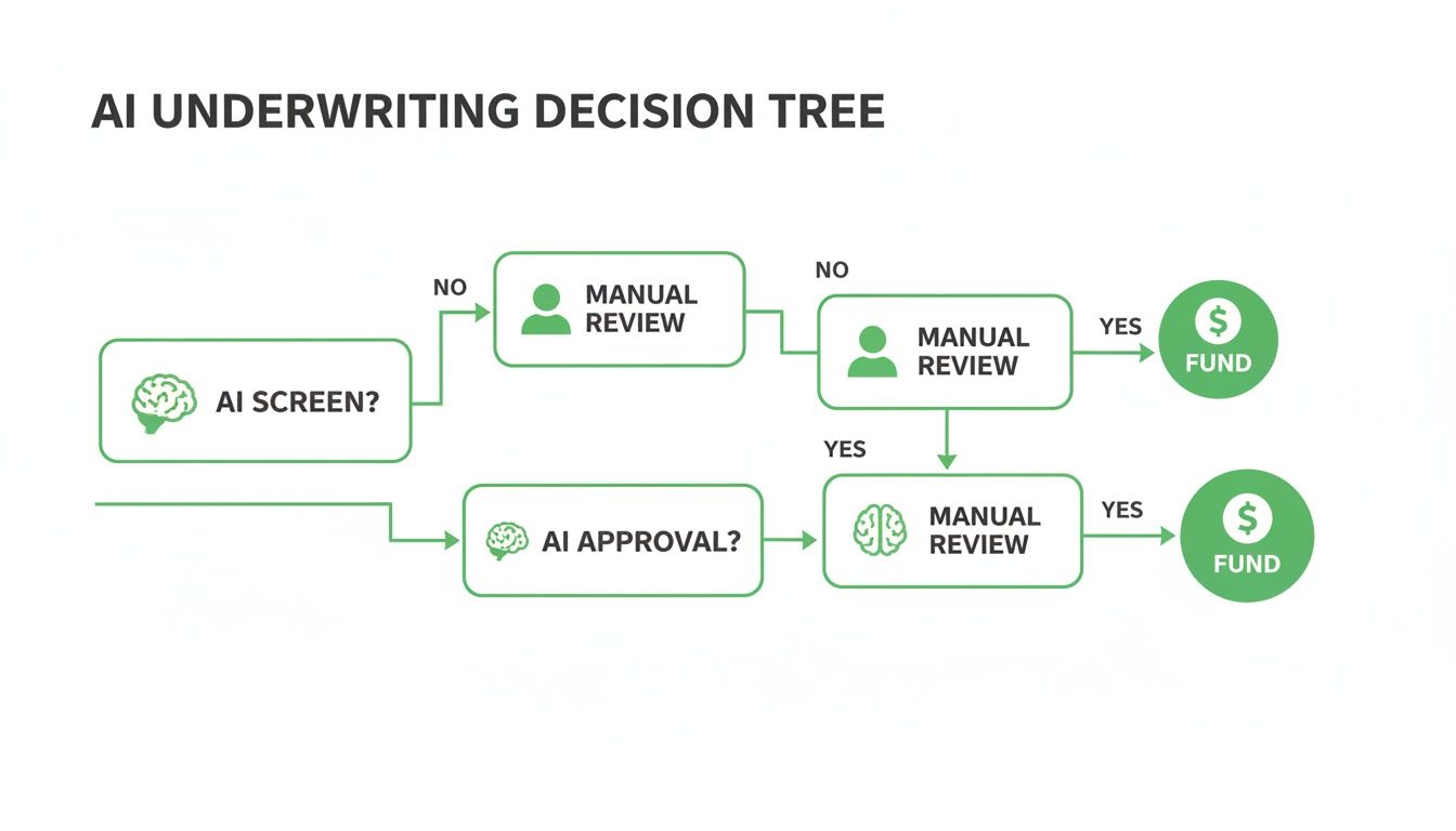 A flowchart illustrating an AI underwriting decision tree with AI screening, manual review, and AI approval leading to funding.