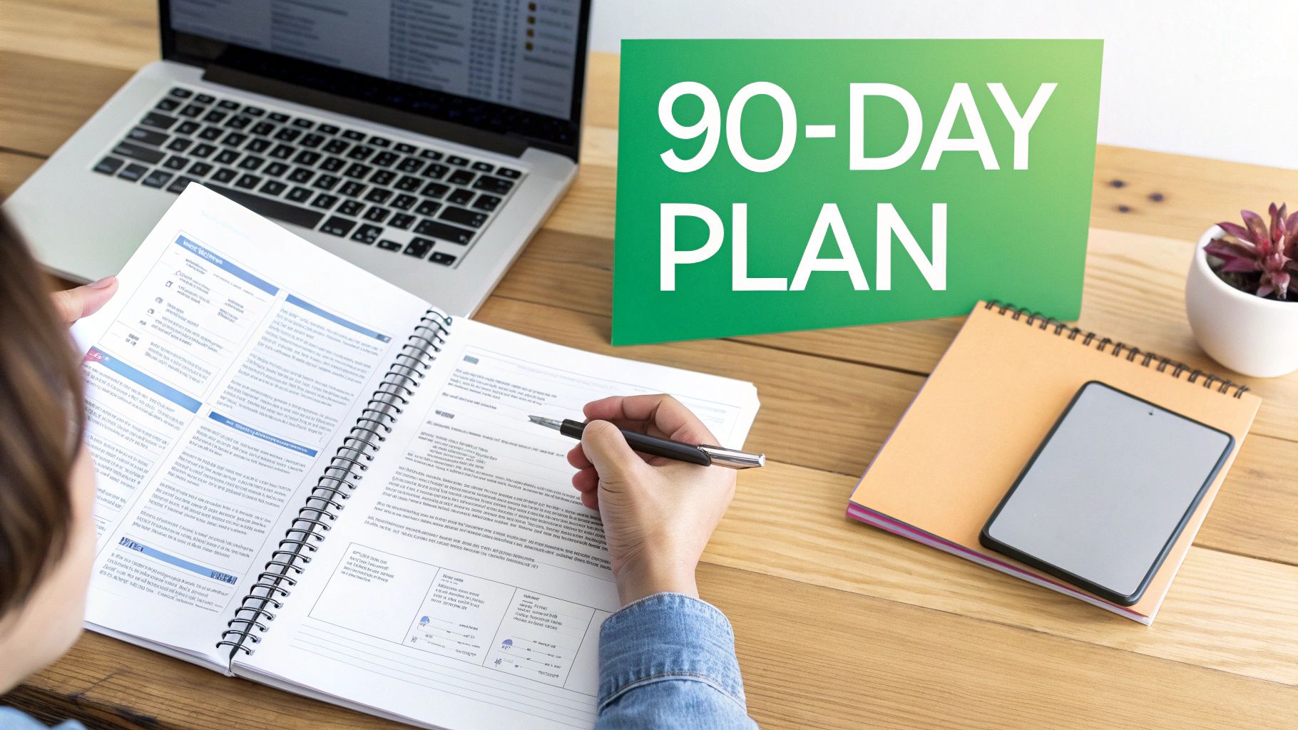 A person writes in a spiral notebook with a '90-DAY PLAN' sign and laptop on a wooden desk.