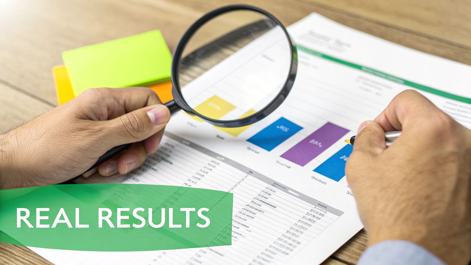 Hands analyzing financial data and charts on a document with a magnifying glass and pen.