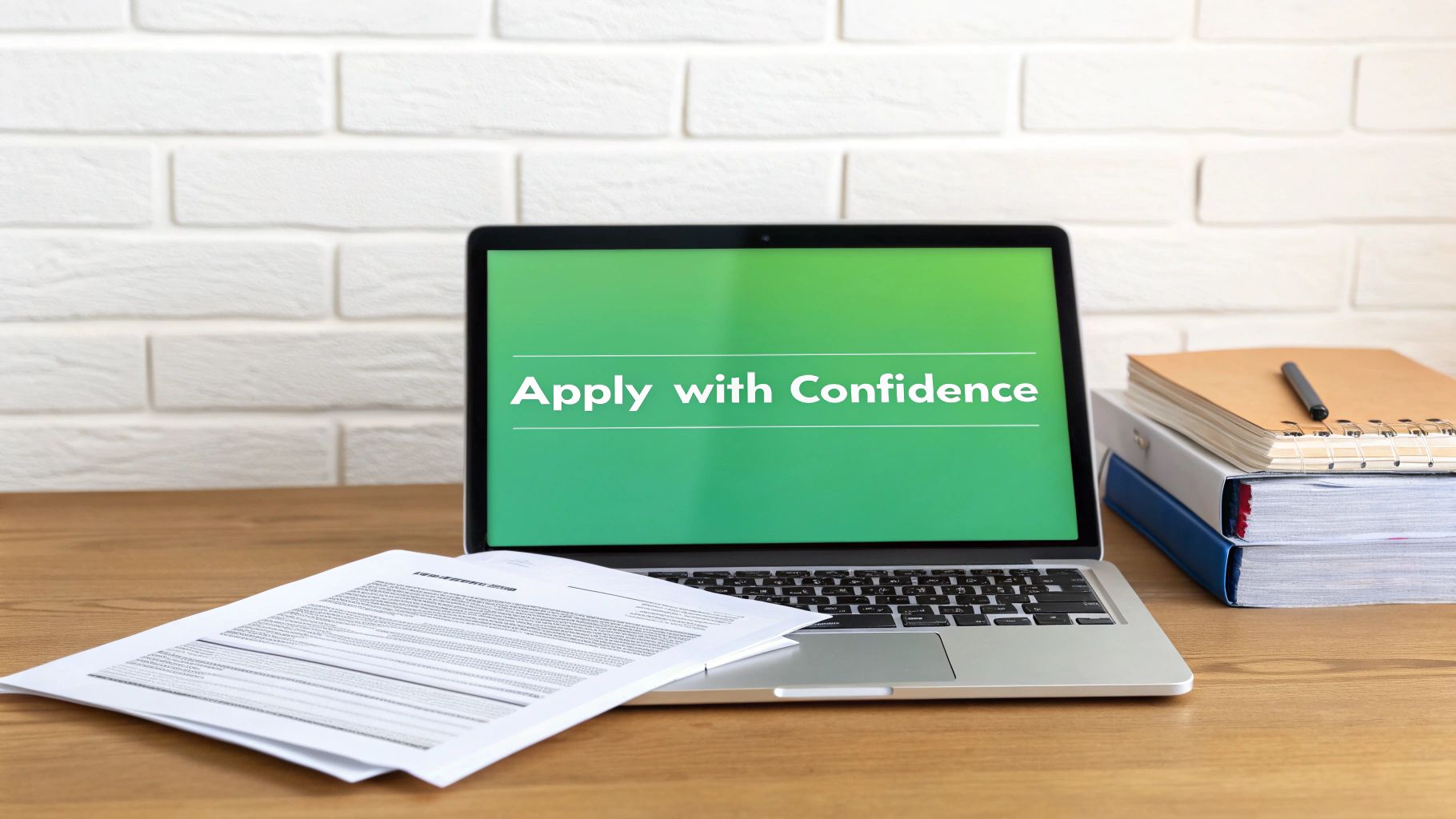 A laptop displaying 'Apply with Confidence' on its screen, with documents and notebooks on a wooden desk.