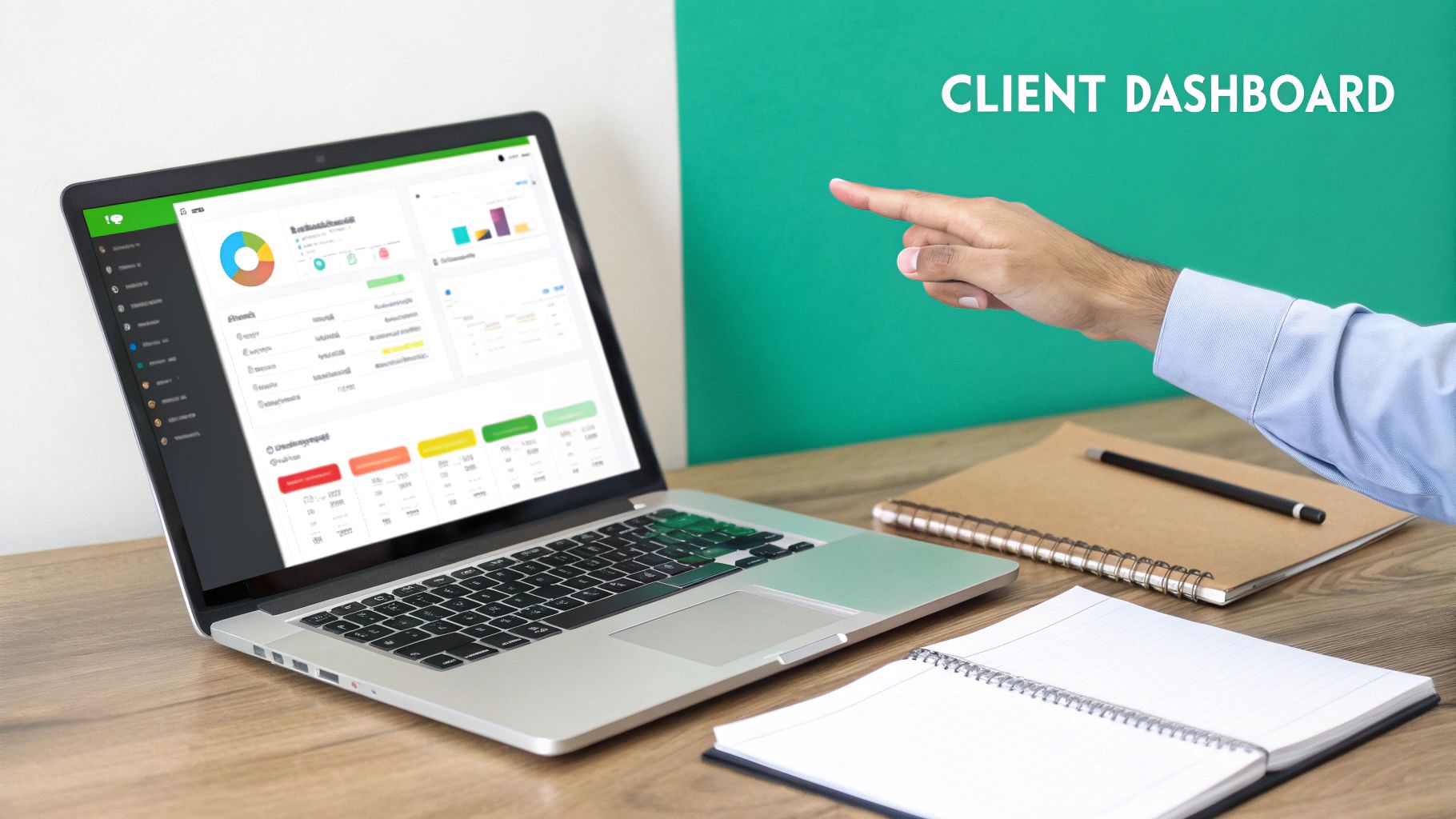 A hand points to 'CLIENT DASHBOARD' text on a green background, with a laptop displaying data analytics.