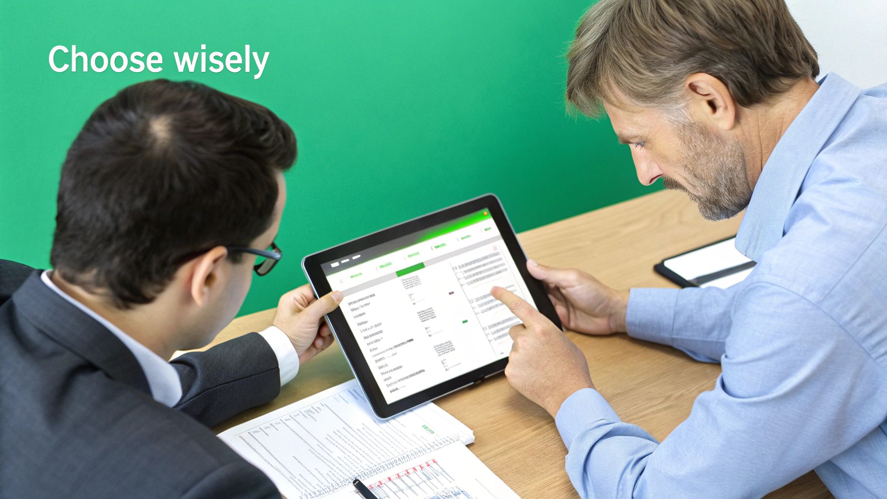 Two businessmen collaborate, reviewing financial data on a tablet, with one pointing at the screen.
