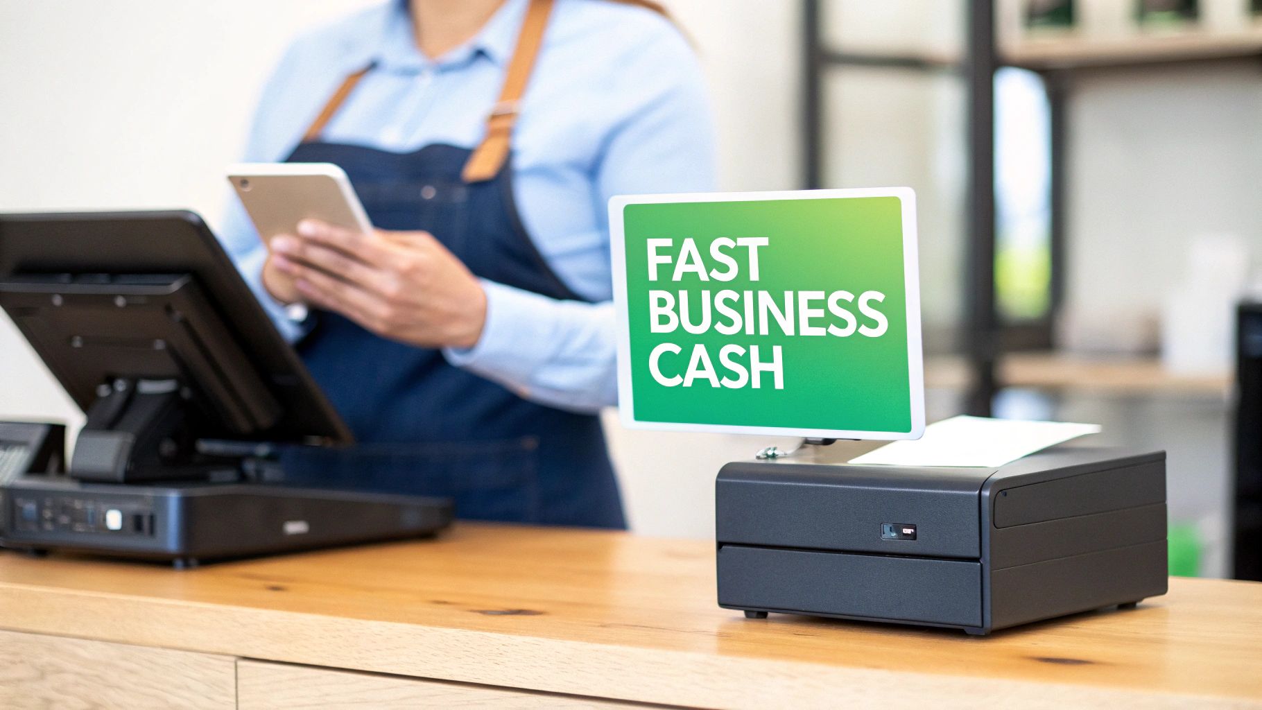 A person in an apron uses a smartphone at a cashier counter with a 'Fast Business Cash' sign.