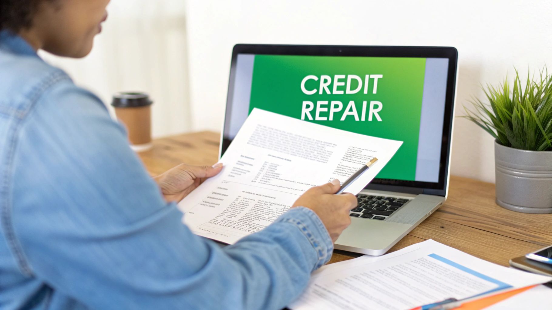 Person analyzing credit repair documents with a laptop displaying 'Credit Repair' on screen.
