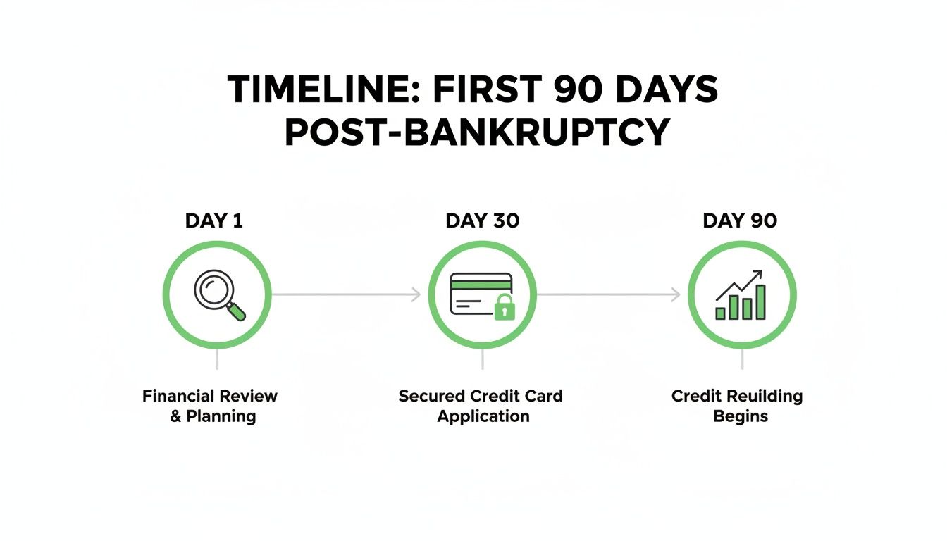 Timeline outlining the first 90 days for credit rebuilding after bankruptcy.
