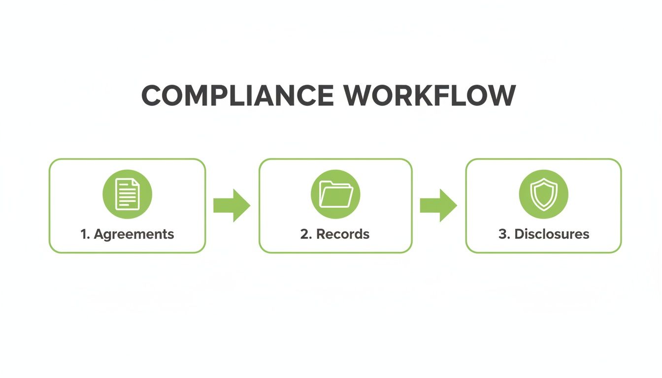 A visual workflow diagram illustrating the three steps of a compliance process: Agreements, Records, and Disclosures.