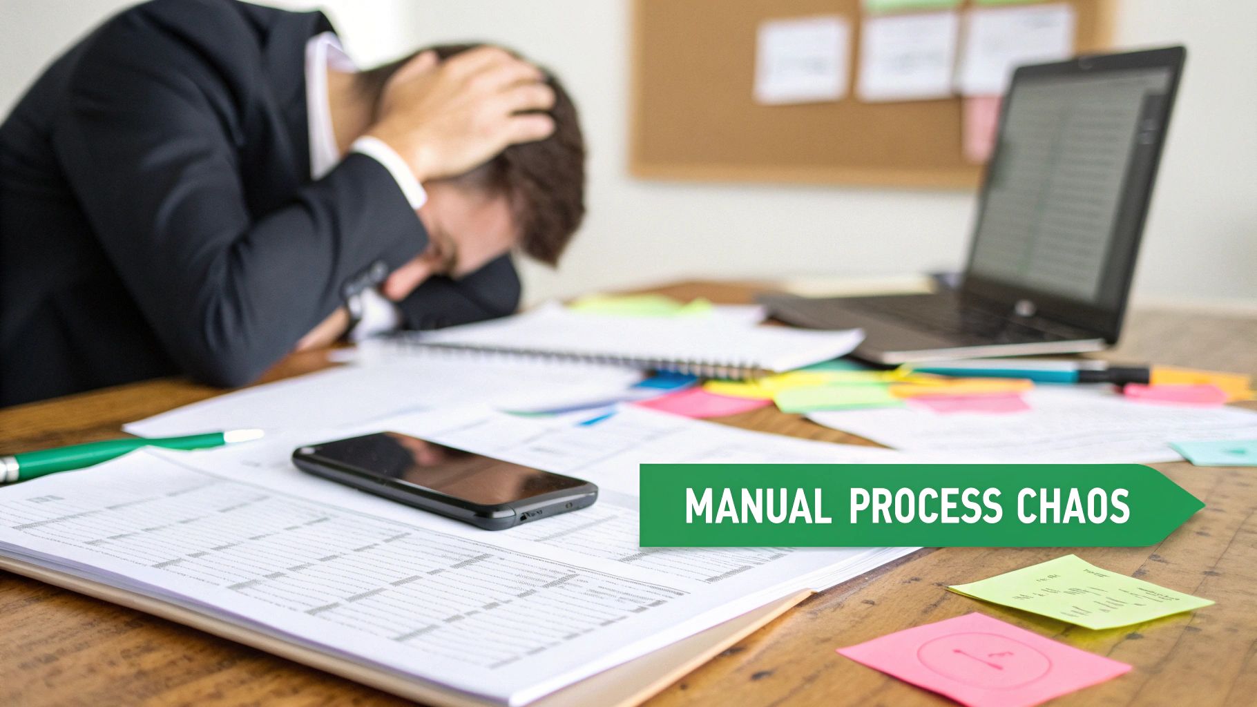 A stressed professional with head in hands at a chaotic desk filled with papers, a laptop, and a banner reading 'Manual Process Chaos'.