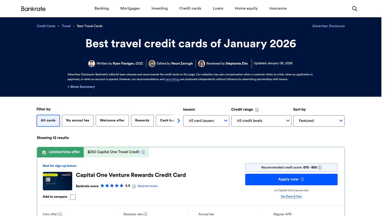 Bankrate &ndash; Best Travel Credit Cards