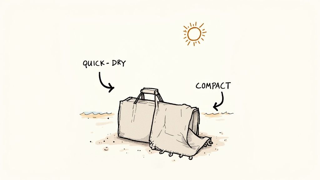 A person wrapped in a colorful striped Turkish towel on a sunny beach.