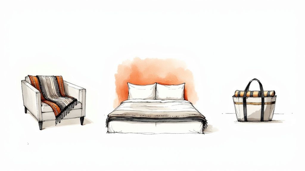 A Turkish cotton blanket draped elegantly over a modern sofa, adding texture and color to the living room.