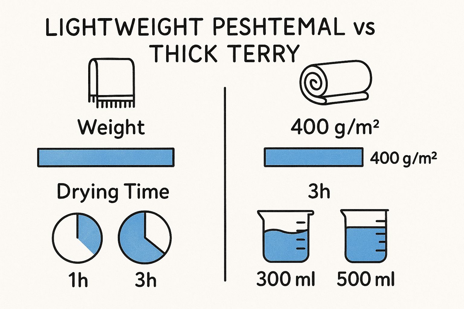 Infographic comparing a Lightweight Peshtemal to a Thick Terry towel on weight, drying time, and absorbency.