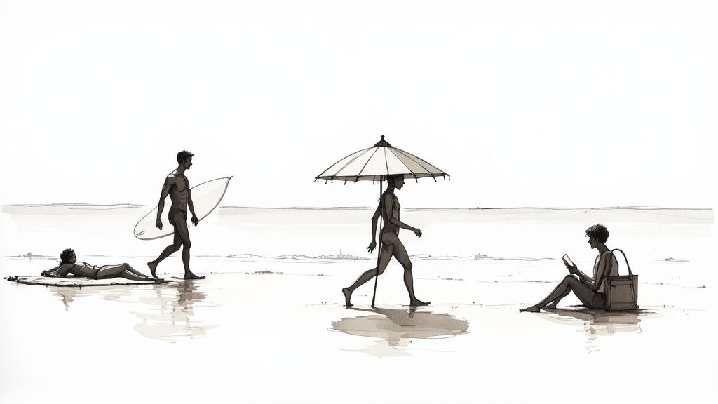 A stylish person sitting on a beach with a high-quality Anatolico beach towel.