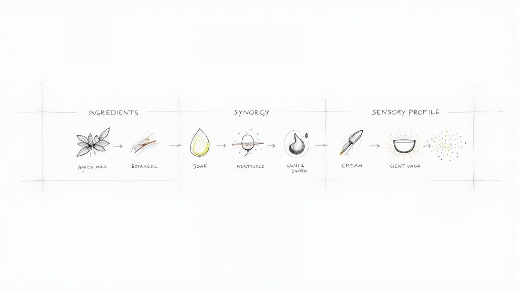 Lotion, soap, and bath salts arranged artfully on a wooden tray.