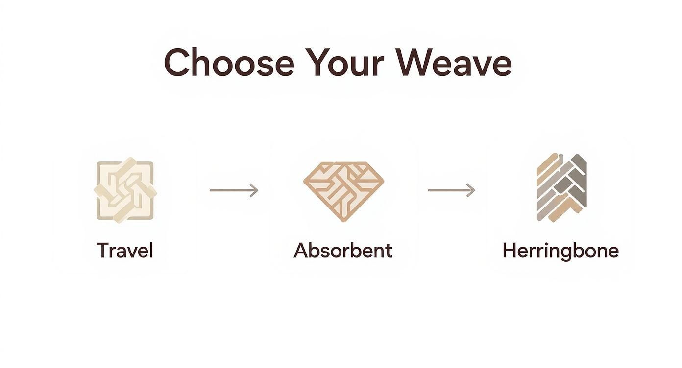 Infographic decision tree helping users choose the best turkish beach towel based on travel, absorbency, or luxury needs.