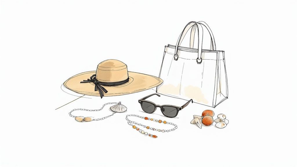 A woman wearing a stylish sun hat and sunglasses on the beach.