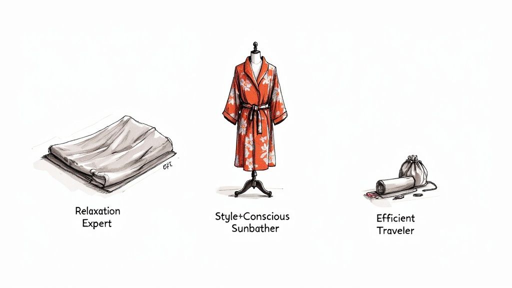 A selection of vibrant Anatolico peshtemals and robes displayed in a beach setting.