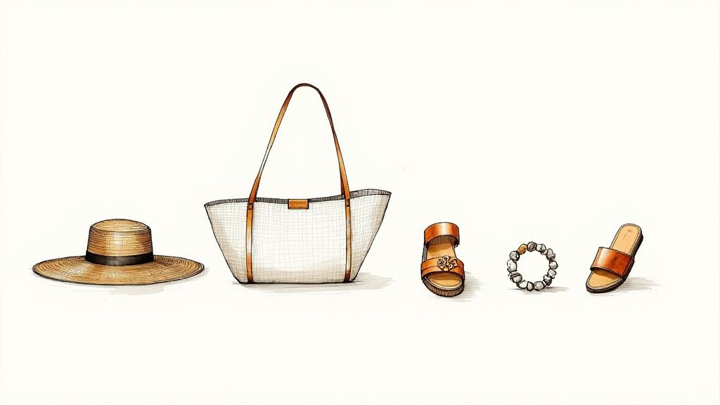 A woman wearing a wide-brimmed sun hat and stylish sunglasses on the beach.