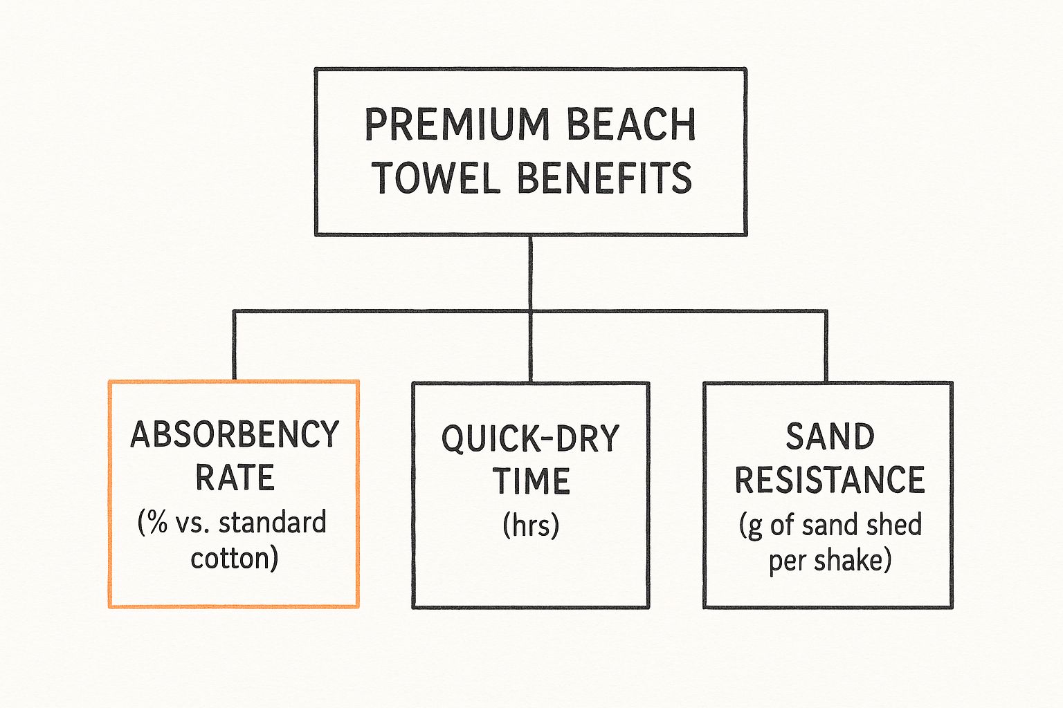 An infographic showing the benefits of a premium beach towel, including absorbency, quick-dry time, and sand resistance.