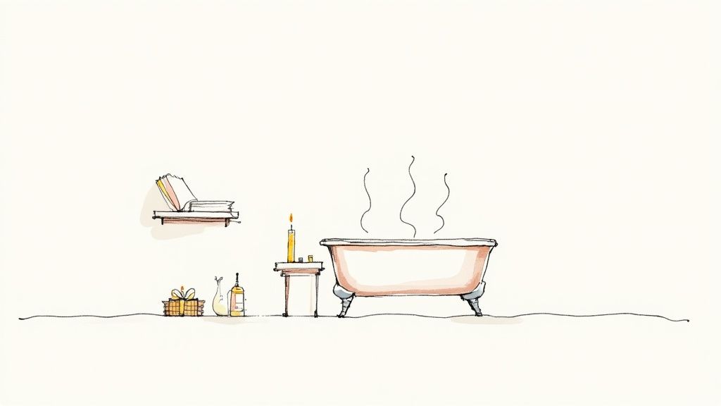 Woman relaxing in a luxurious bath with flowers.