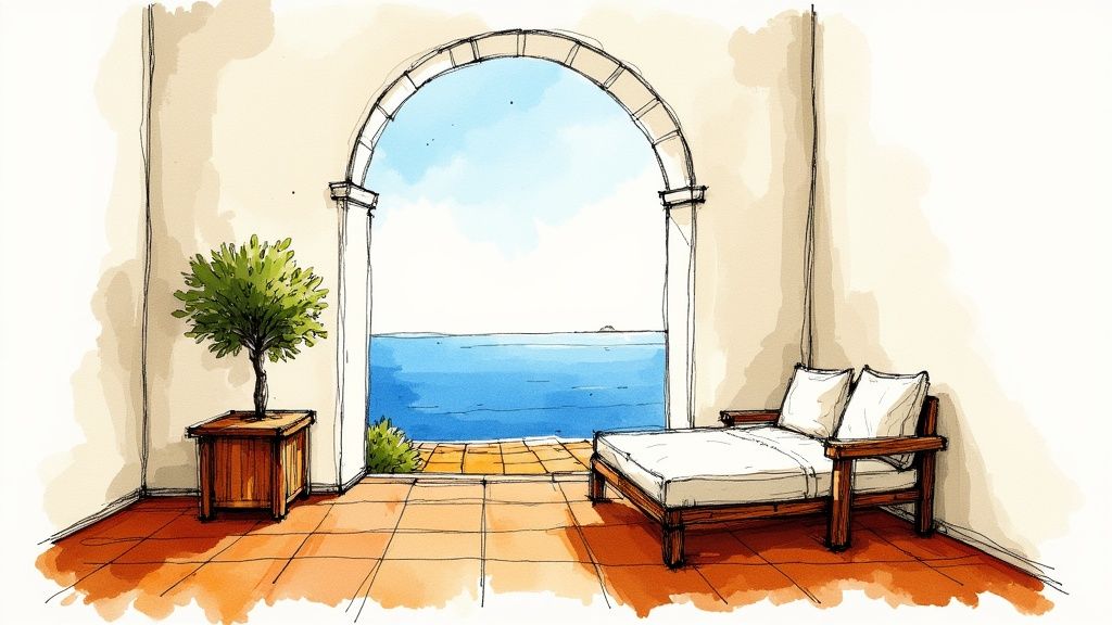A bright Mediterranean-style living room with large windows, a neutral sofa, and natural wood accents.
