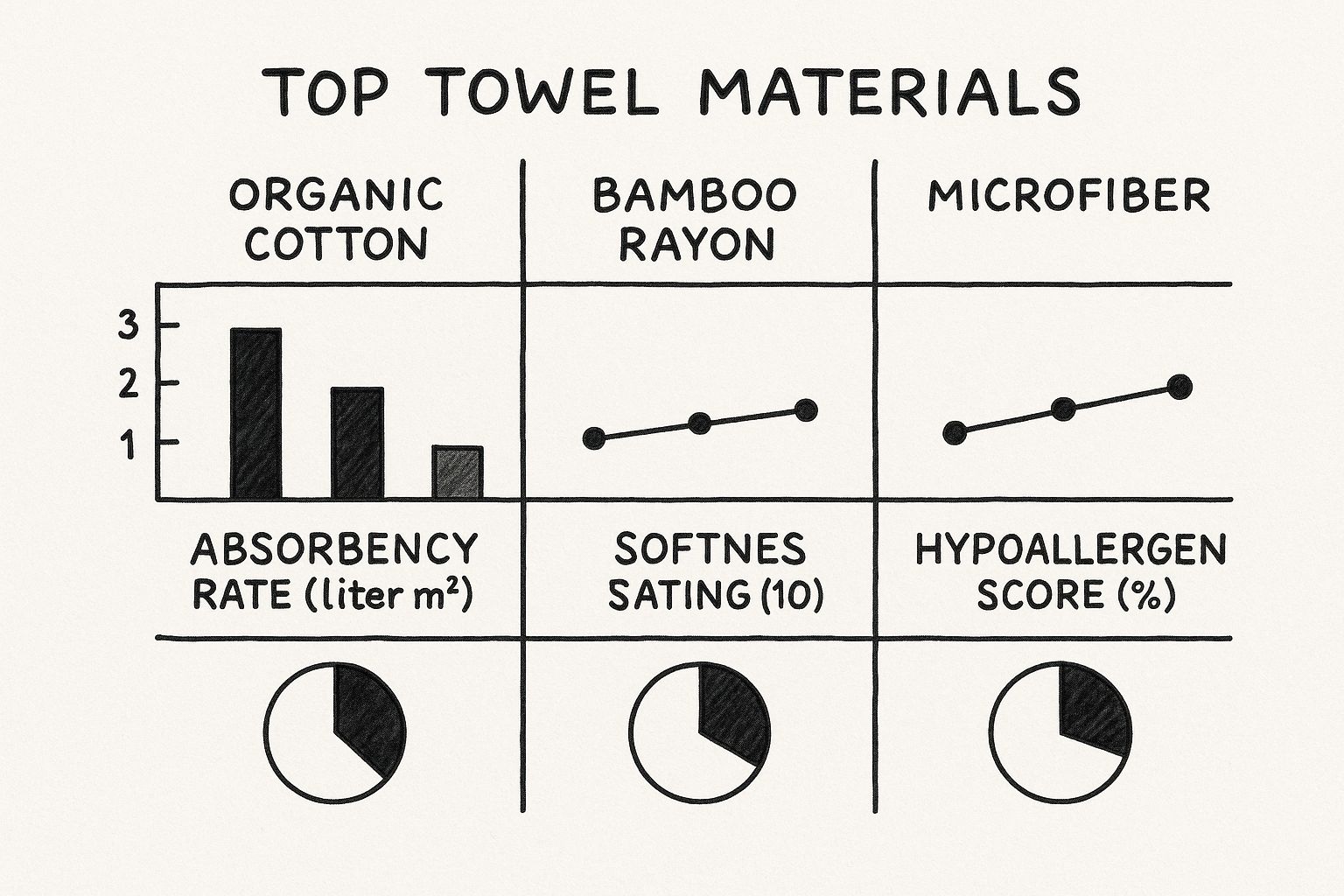 Infographic comparing organic cotton, bamboo rayon, and microfiber towels on absorbency, softness, and hypoallergenic scores.