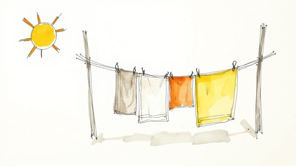A person shaking a towel before putting it in the dryer.