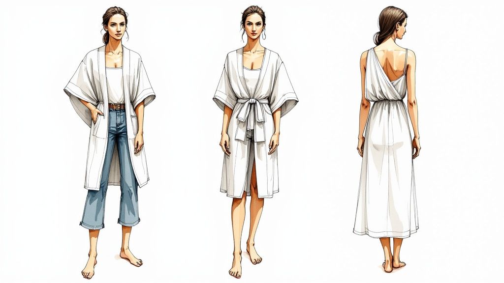 A woman confidently wearing a cotton kimono robe as outerwear.